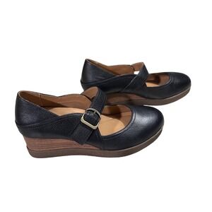 Dansko Black Sandy Leather Mary Jane Wedge Shoes Buckle Strap EU 38 US 7.5-8